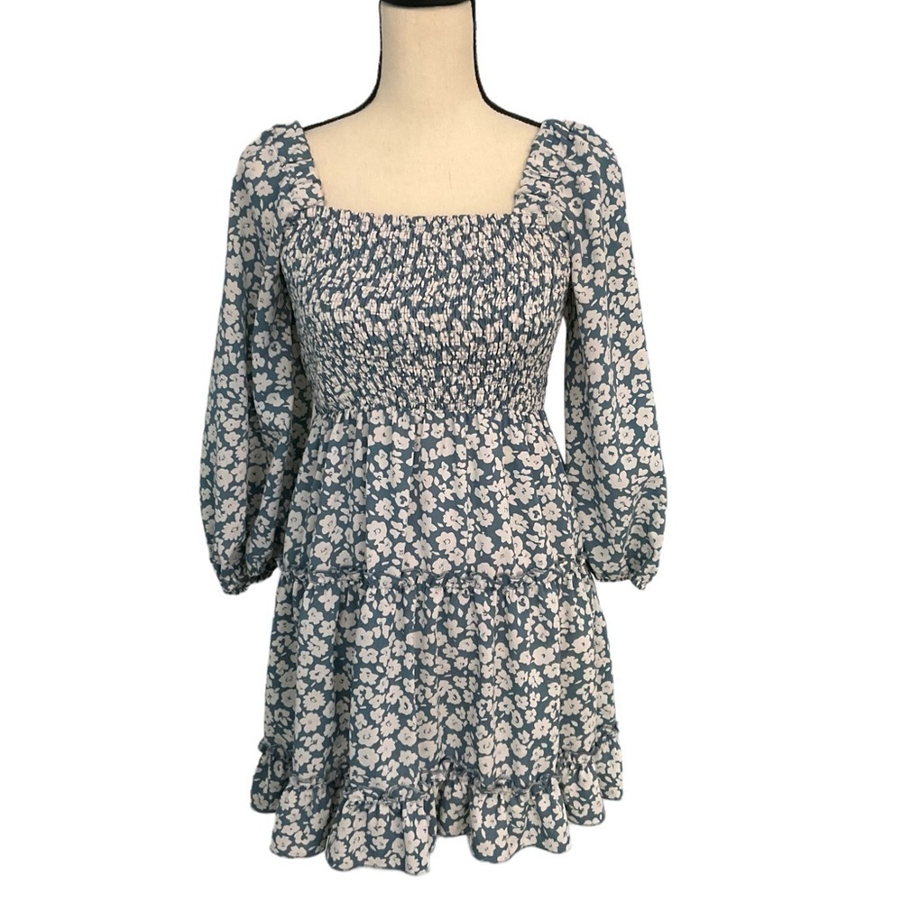 Pink Lily Teal Blue Floral Squareneck Smocked Tiered Dress Sz M Cottagecore Midi